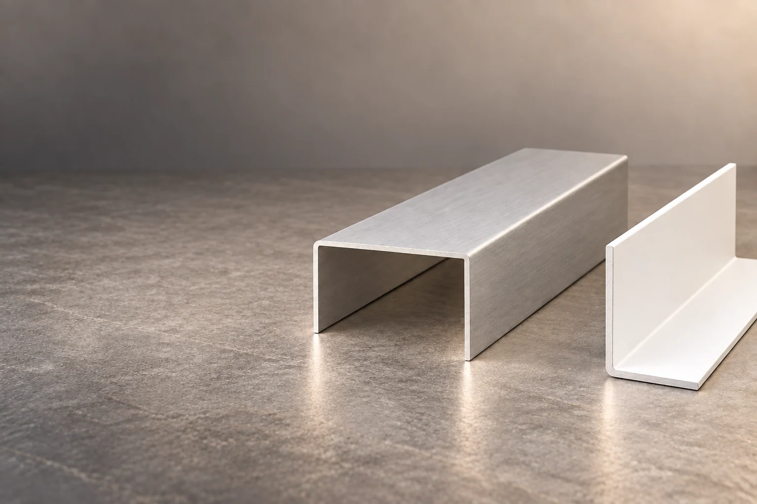 Verschiedene gekantete Aluminiumprofile auf einer Arbeitsfläche