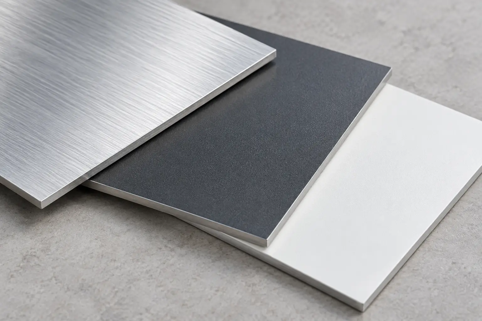 Aluminium-Oberflächen in Natur, Dunkelgrau und Weiß im Vergleich