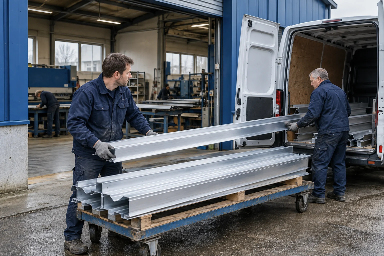 Zwei Personen laden lange Aluminiumprofile in einen Transporter