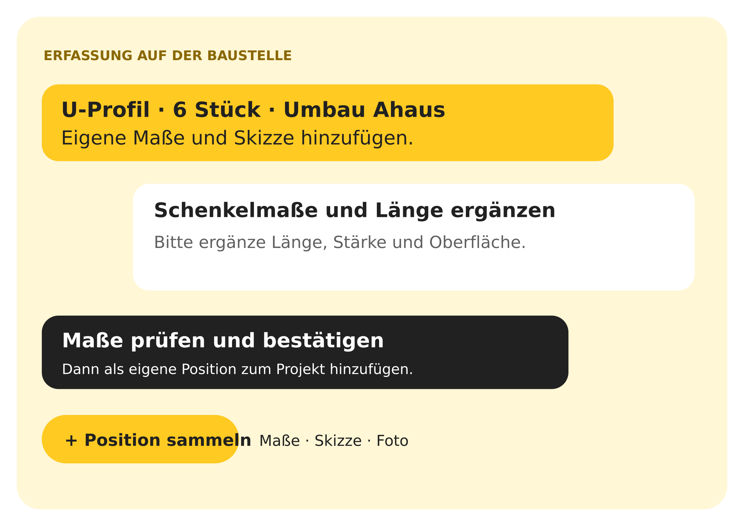 Geplantes App-Konzept: Bauteil auswählen, eigene Maße und Skizze ergänzen und als Projektposition sammeln