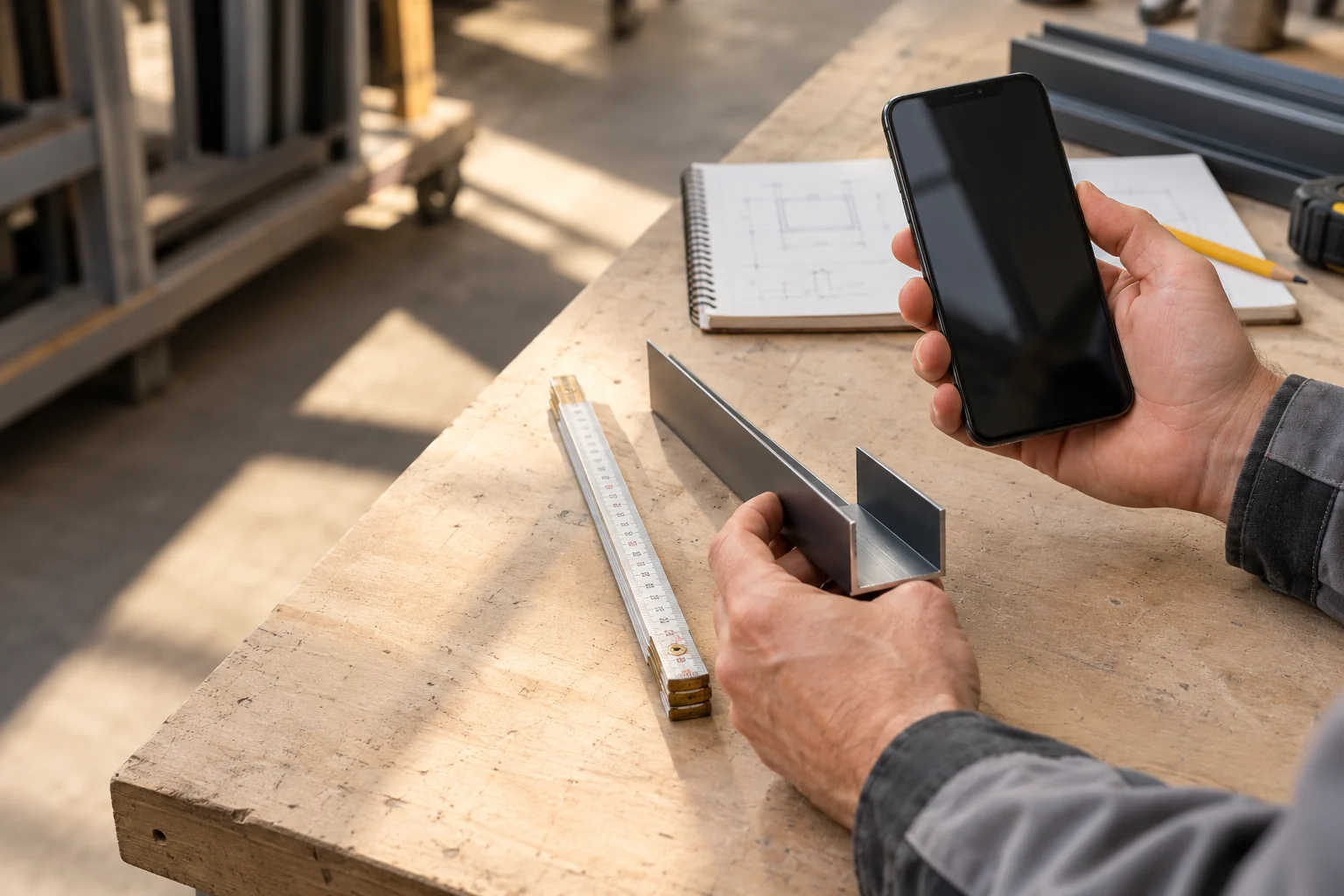 Aluminium-Kantprofil mit Smartphone, Gliedermaßstab und Projektskizze erfassen