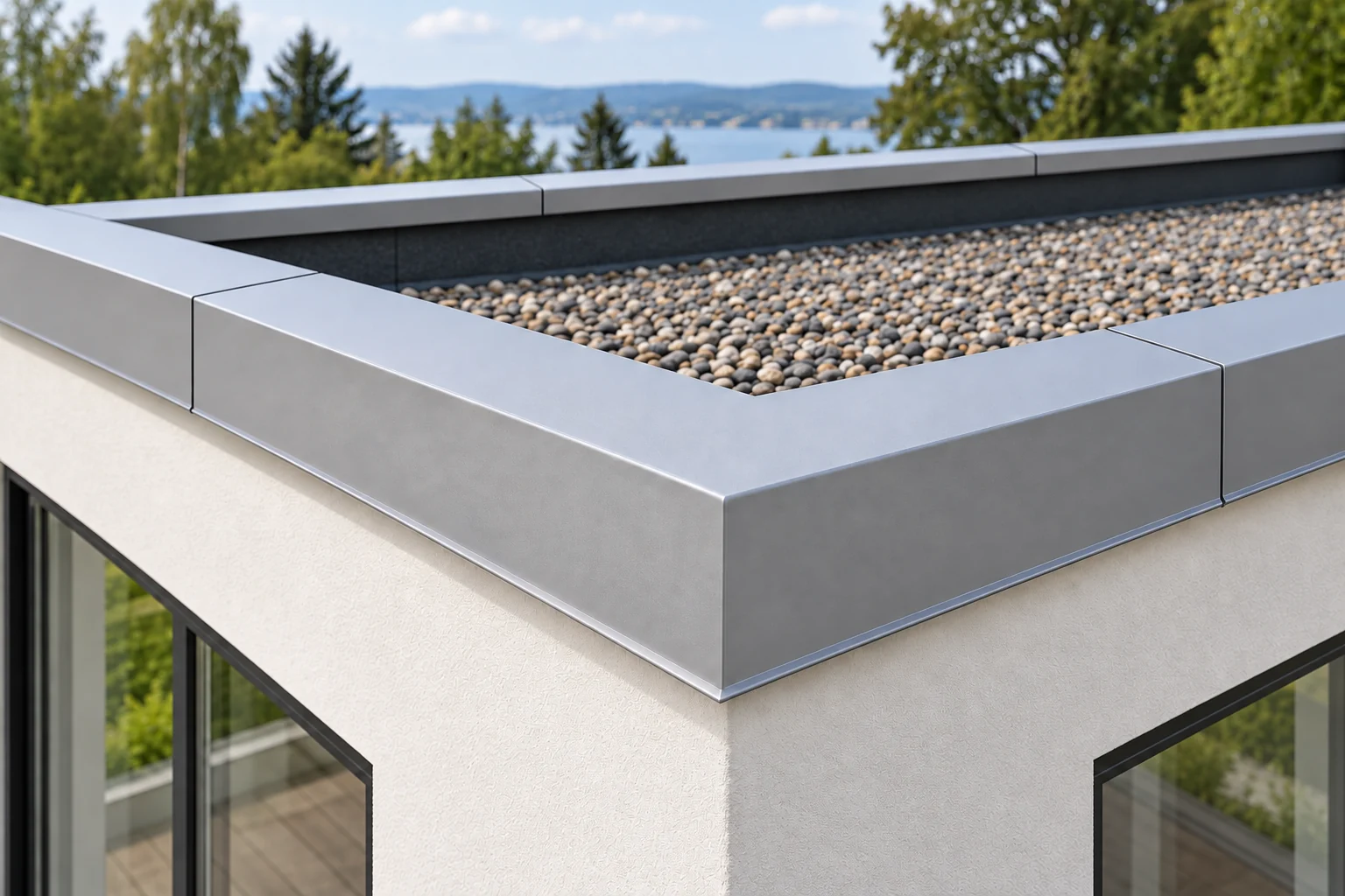 Aluminium-Attikaabdeckung mit geschlossenem Eckelement und geraden Anschlussstößen