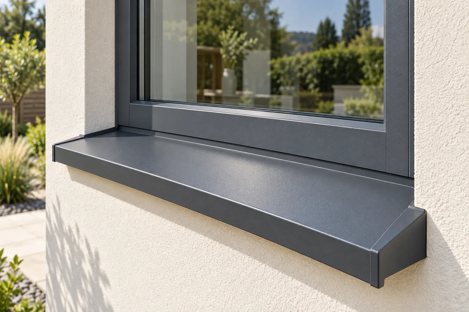 Anthrazitfarbene Aluminium-Außenfensterbank mit seitlichen Endkappen an heller Fassade