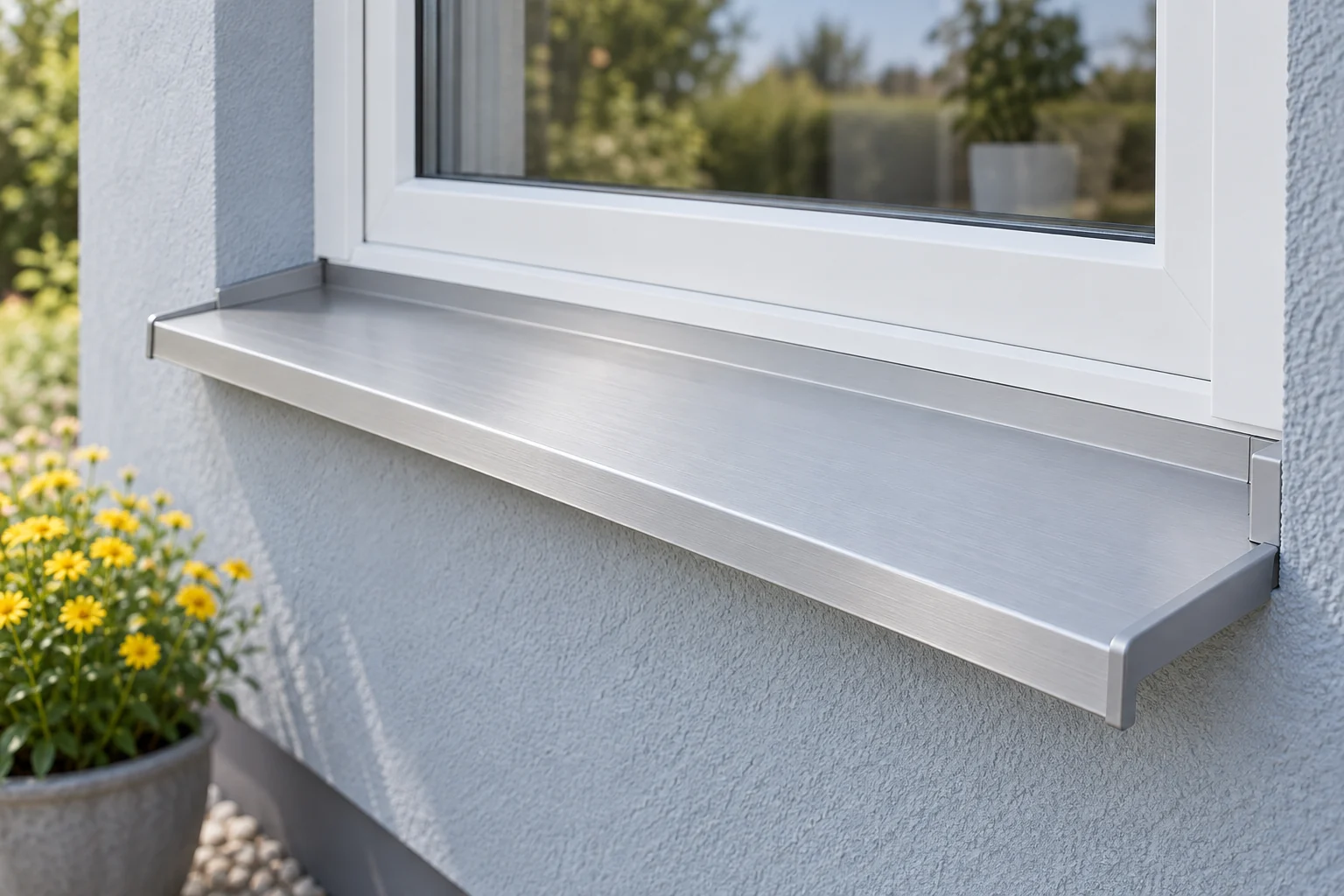 Silberne Aluminium-Fensterbank mit seitlichen Endstücken unter einem weißen Fenster