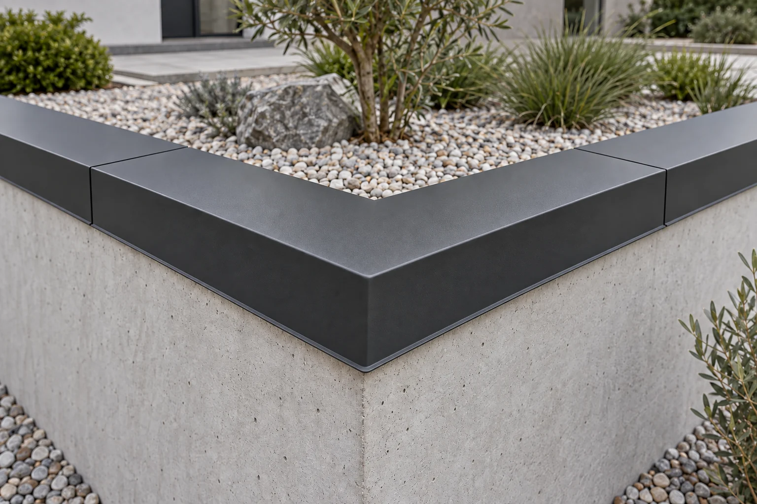 Geschlossenes Aluminium-Eckelement mit zwei Anschlussstößen zu den geraden Mauerabdeckungen