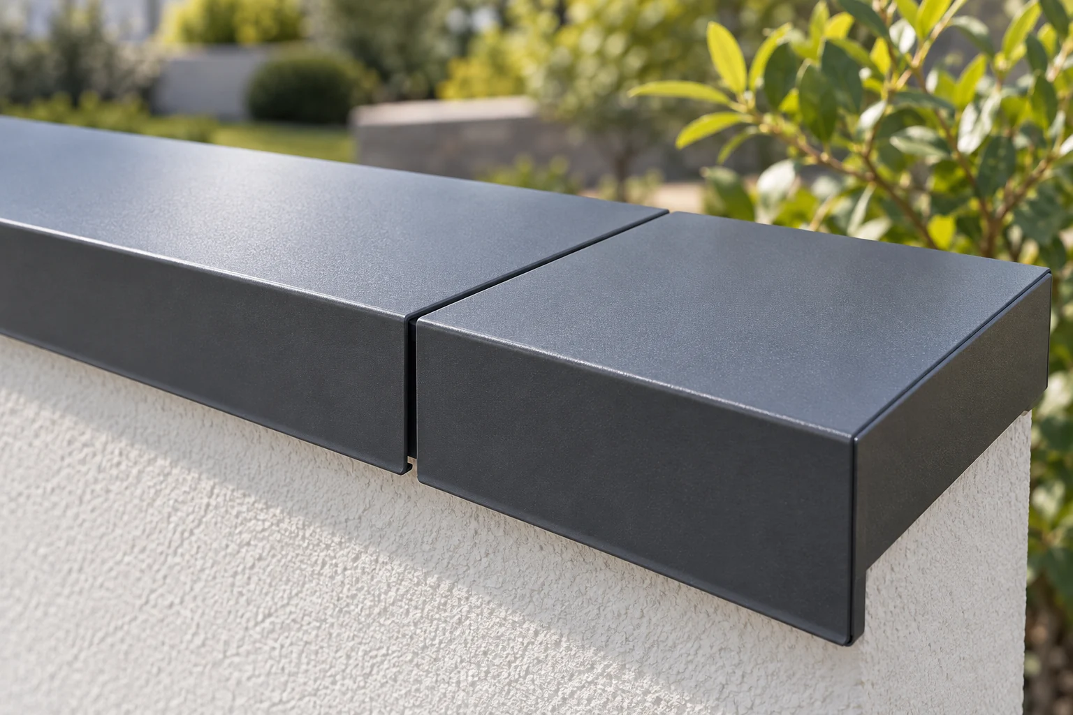 Detail eines geraden Stoßes zwischen zwei Aluminium-Mauerabdeckungen mit darunterliegendem Verbinder