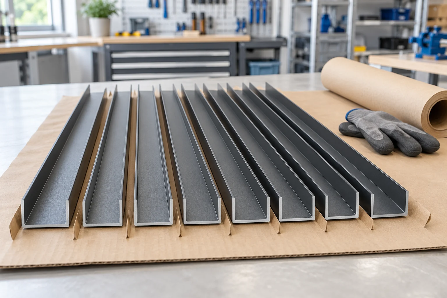 Mehrere gleichartige Aluminium-U-Profile mit Schutzlage für eine Mengenbestellung