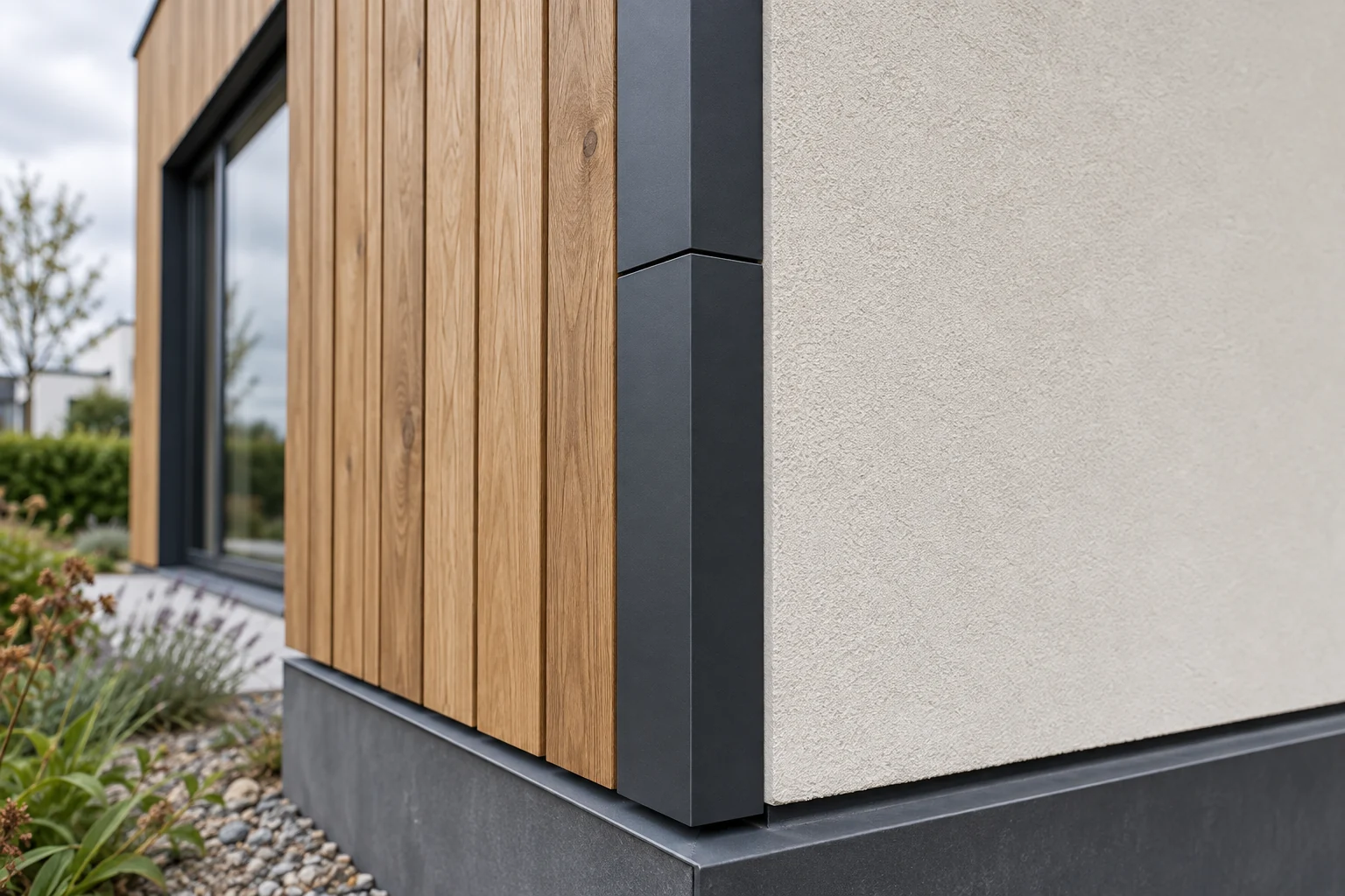 Anthrazitfarbenes Aluminium-Eckprofil zwischen Holzverkleidung und Putzfassade