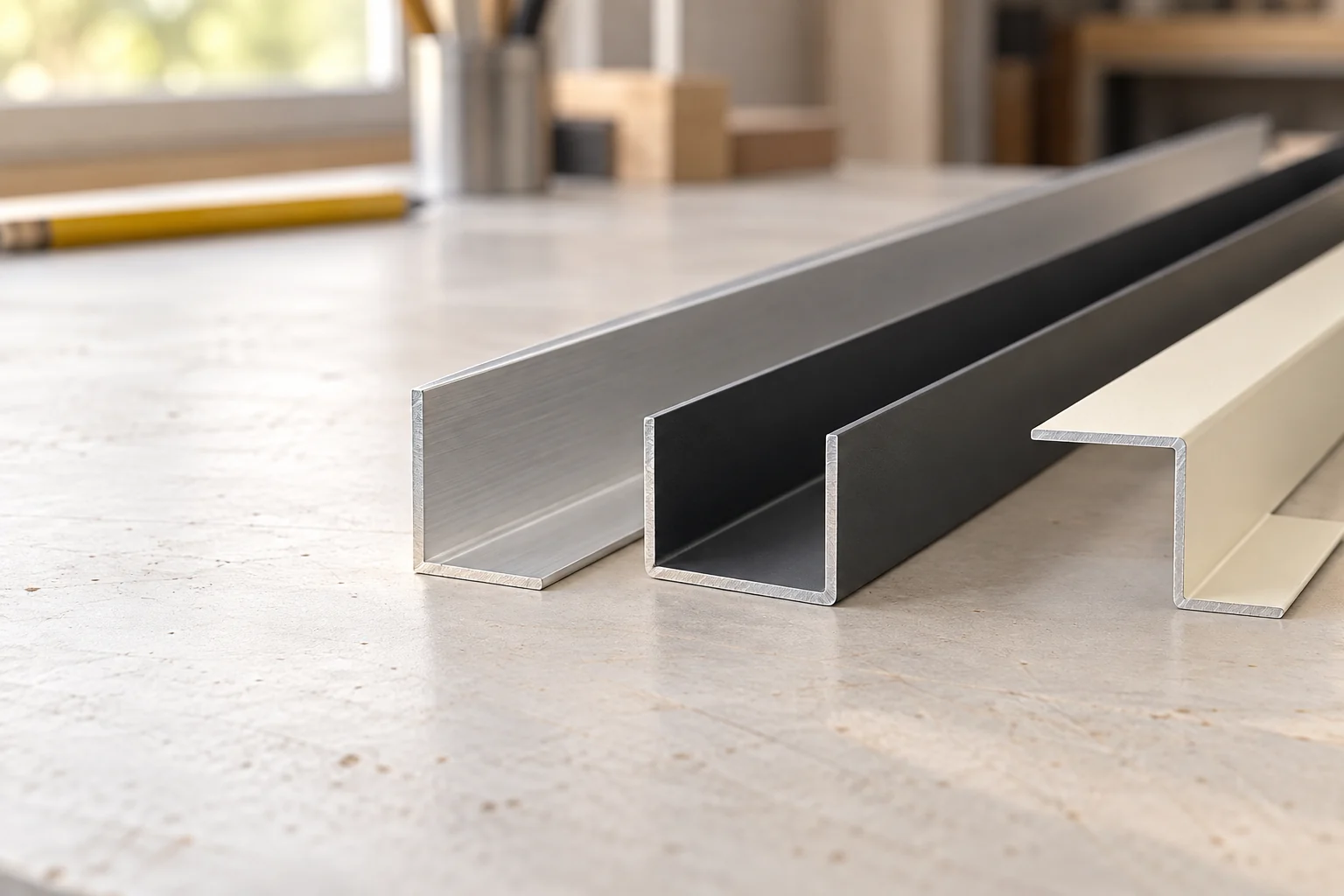 Drei unterschiedliche Aluminium-Kantprofile mit L-, U- und Z-Querschnitt auf einer Werkbank
