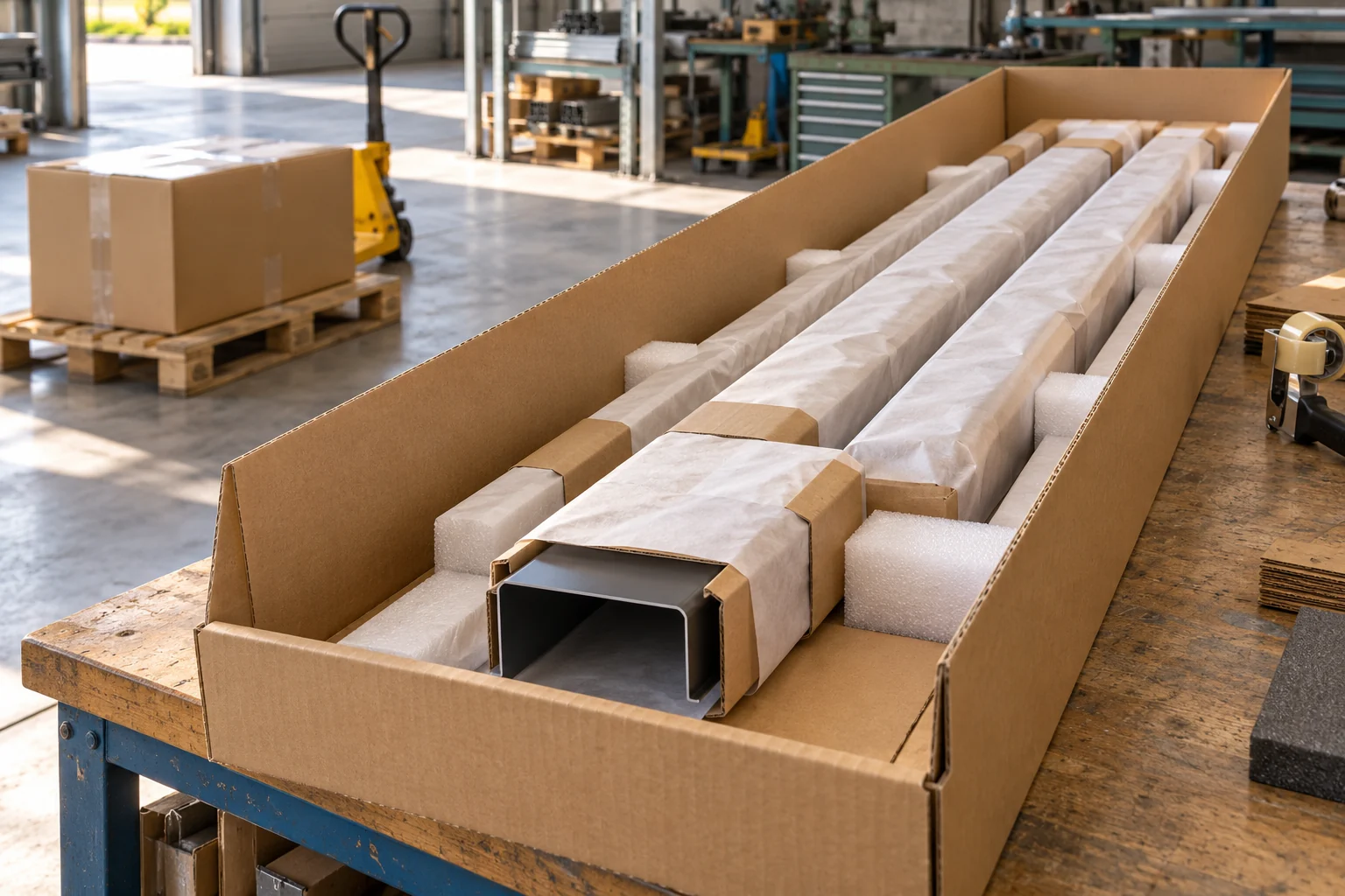 Aluminiumprofile mit Kantenschutz und Polsterung in einer Versandverpackung