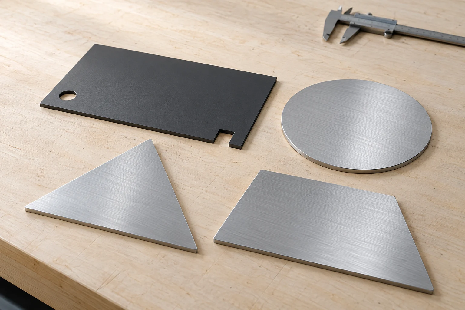 Flache Aluminiumzuschnitte als Rechteck, Kreis, Dreieck und Trapez auf einer Werkbank