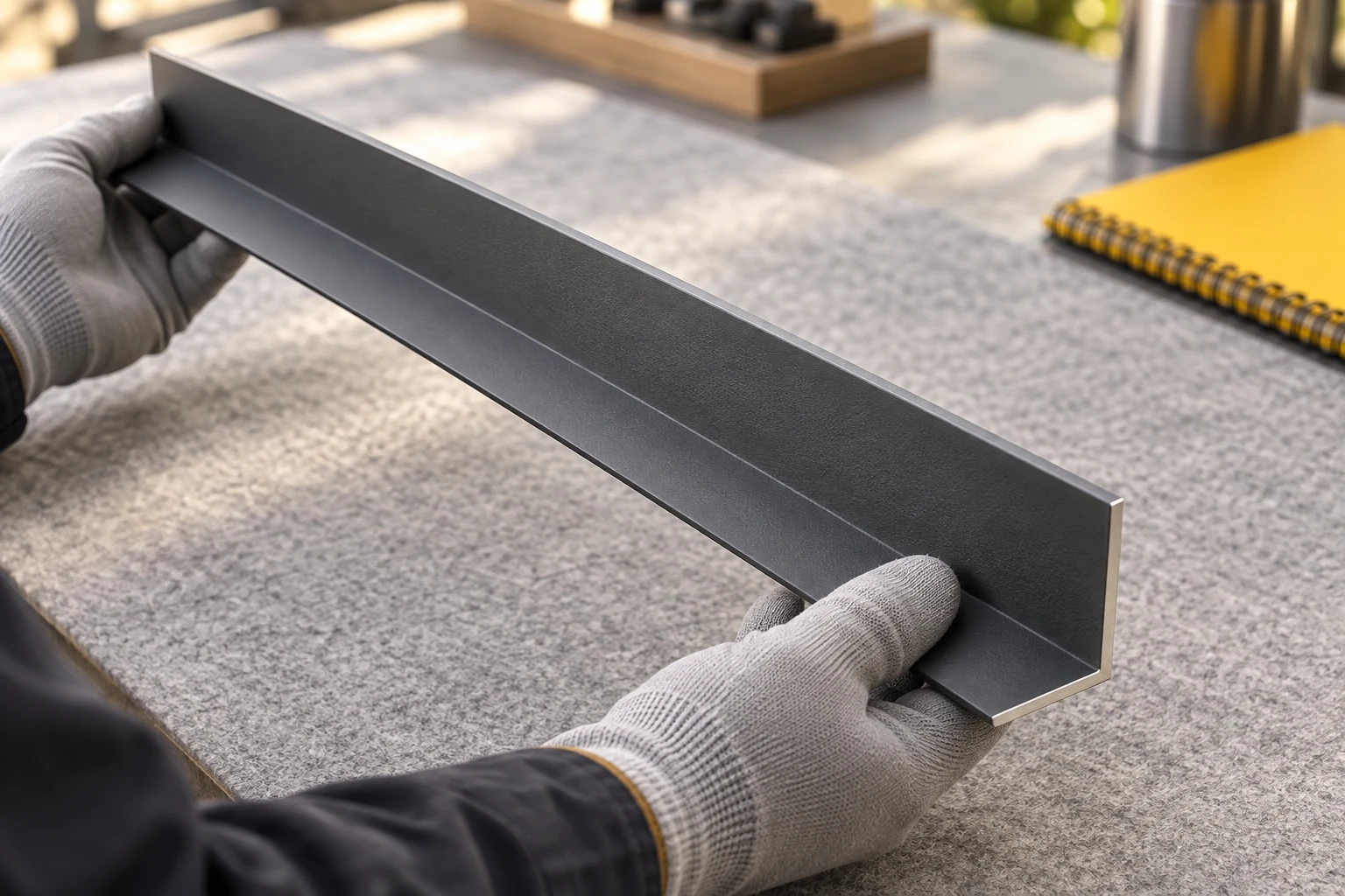 KI-generiertes Detailmotiv: matte Oberfläche eines ungelochten Aluminium-Winkelprofils