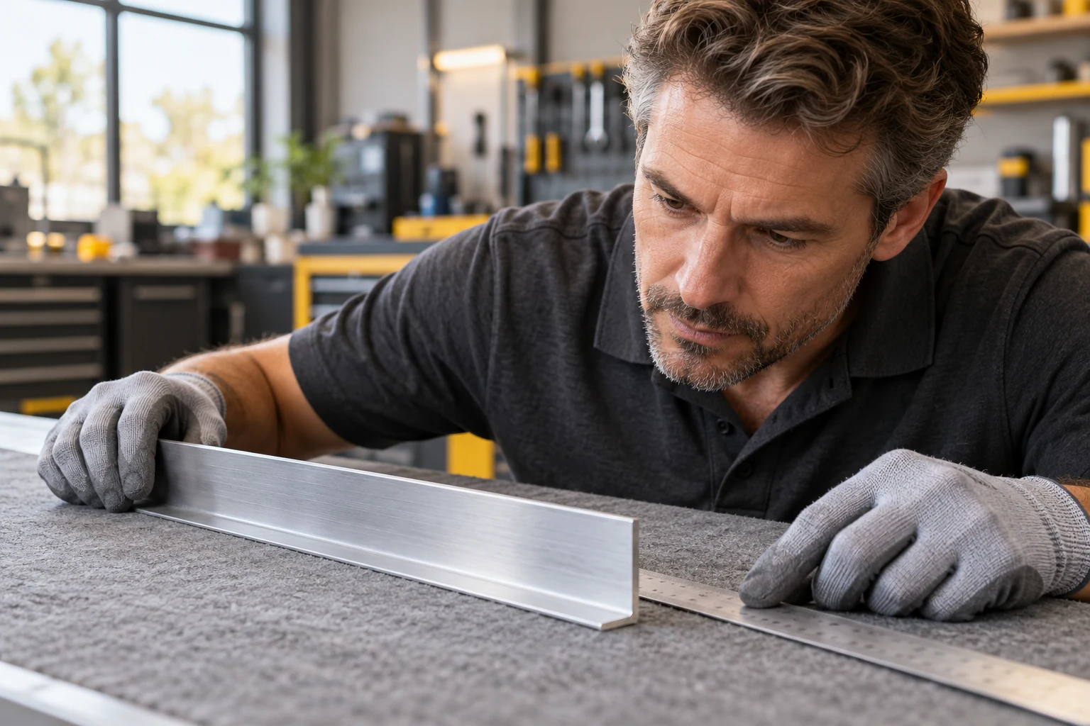 KI-generiertes Motiv einer sorgfältigen Prüfung eines geraden, ungelochten Aluminiumprofils